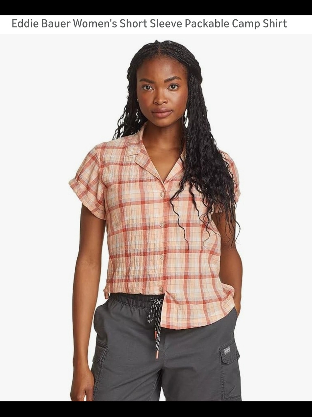 Eddie Bauer Peach and Cream Plaid Short Sleeve Camp Shirt